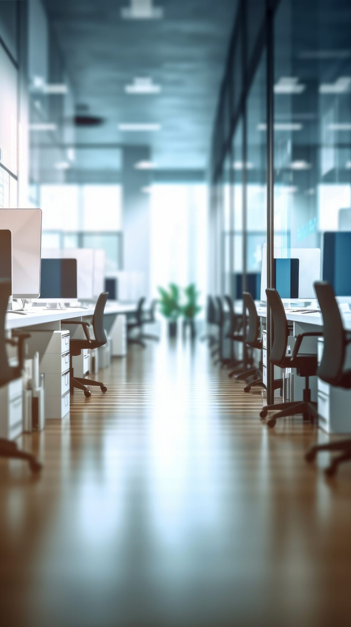 Blurred office room interior with defocused effect, blurred workspace, business concept. Generative AI